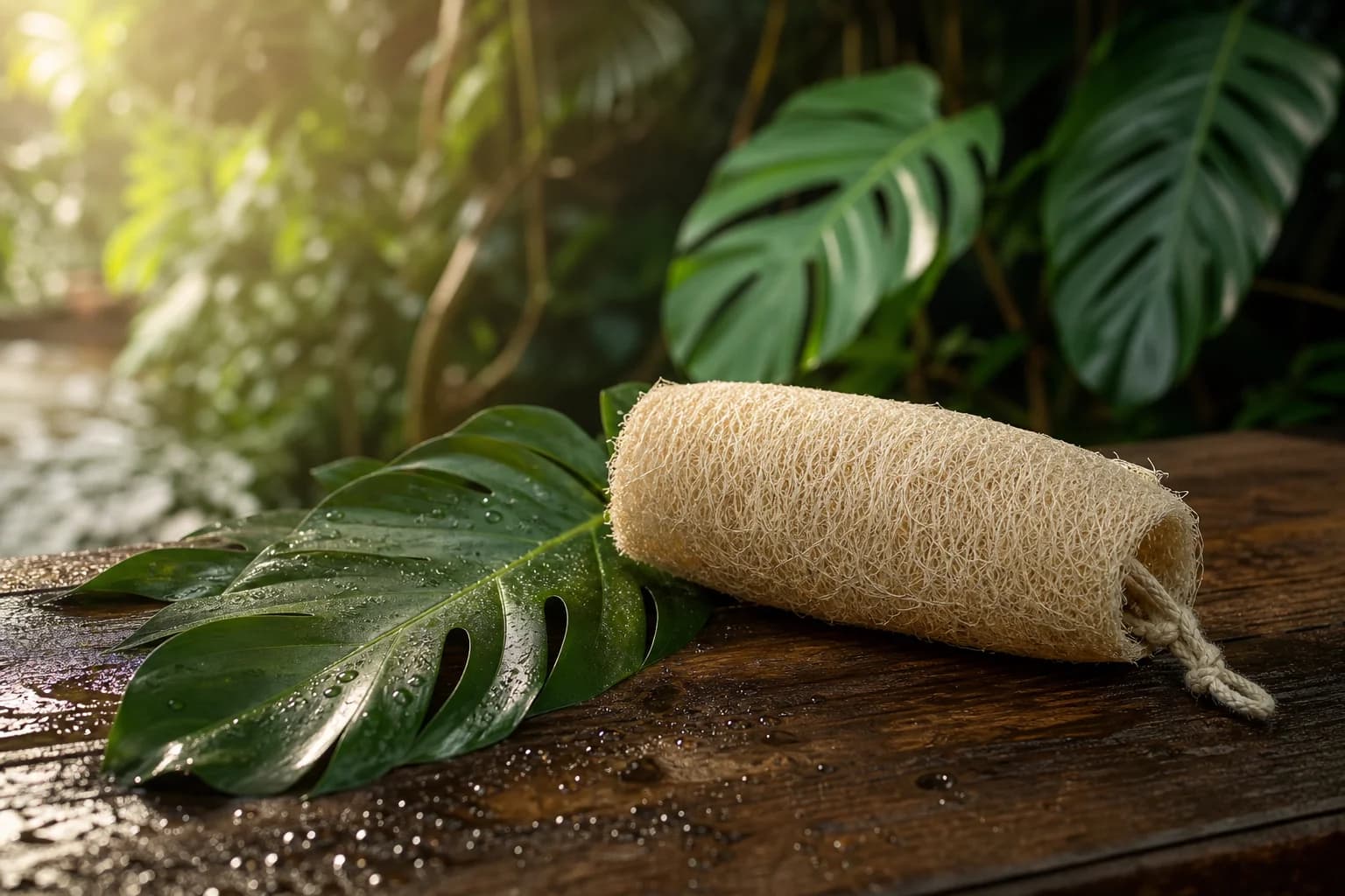 Selvah natural loofah resting on wet wood among rainforest leaves