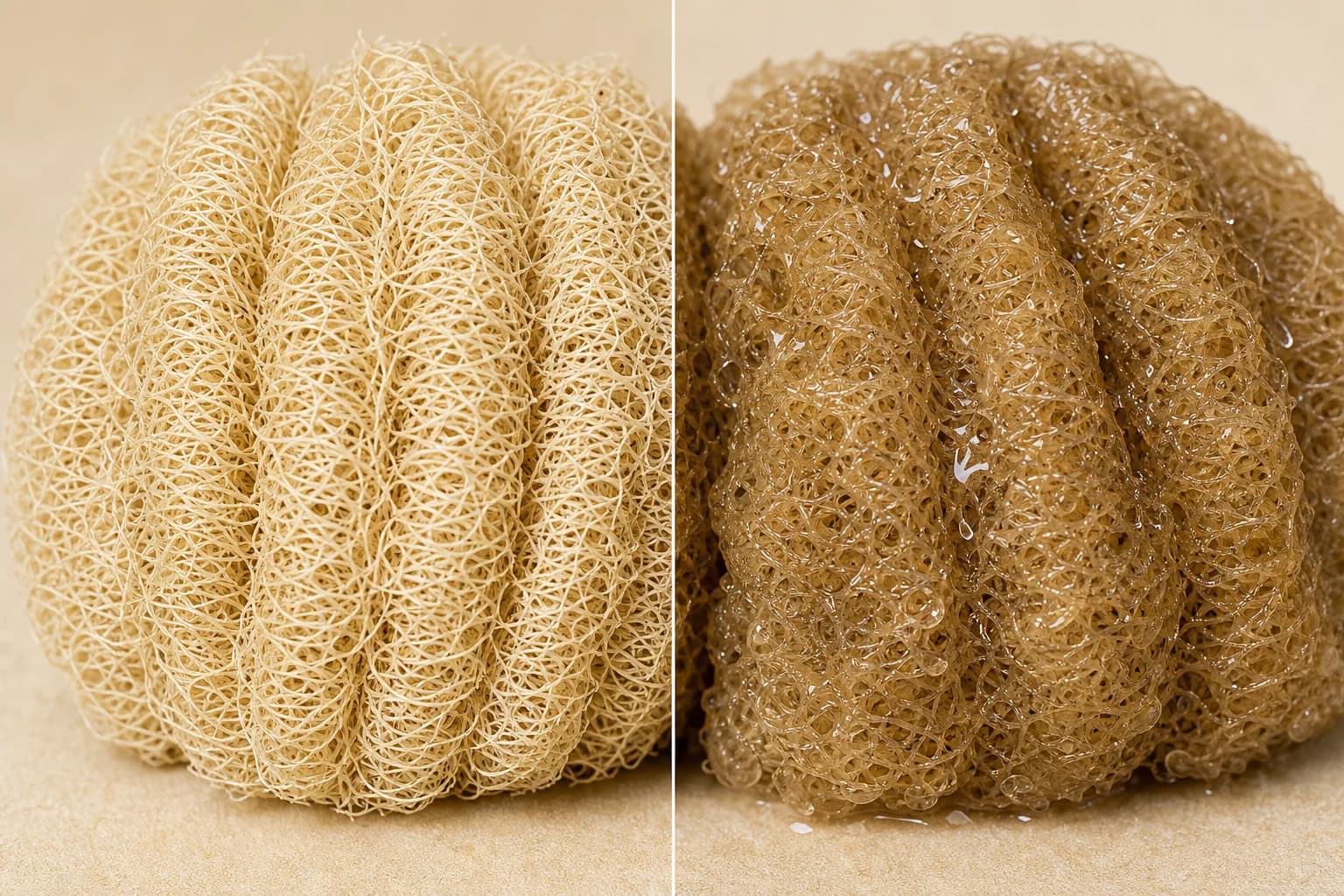 Dry firm loofah beside softened wet loofah