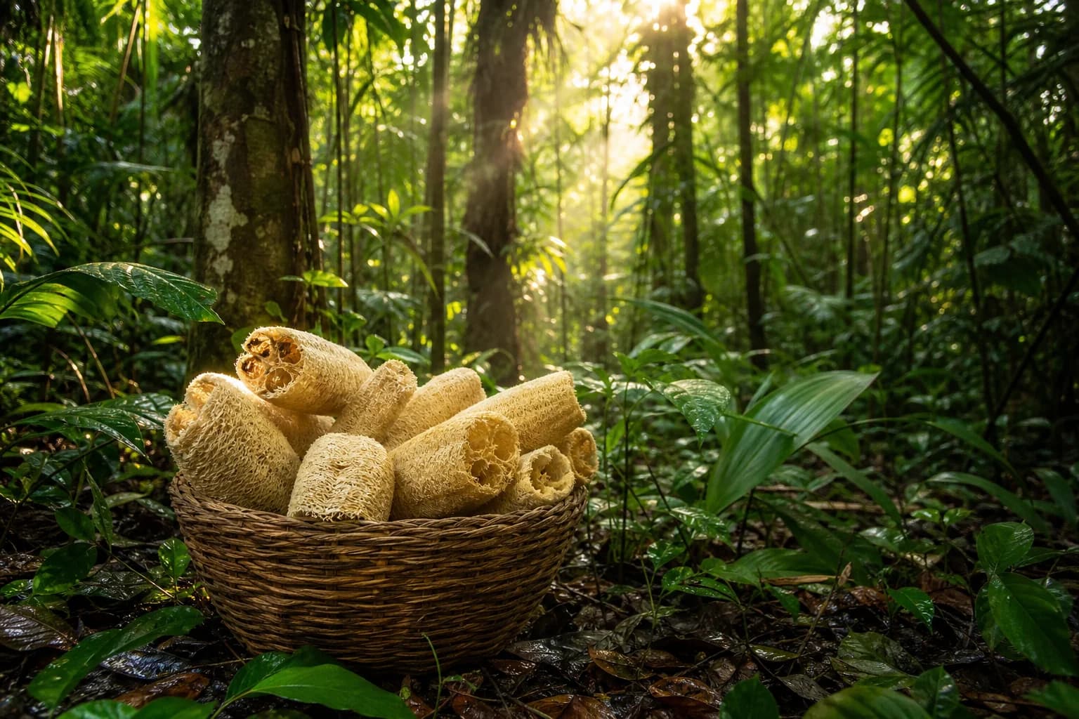 Brazilian rainforest with a basket of freshly harvested loofah